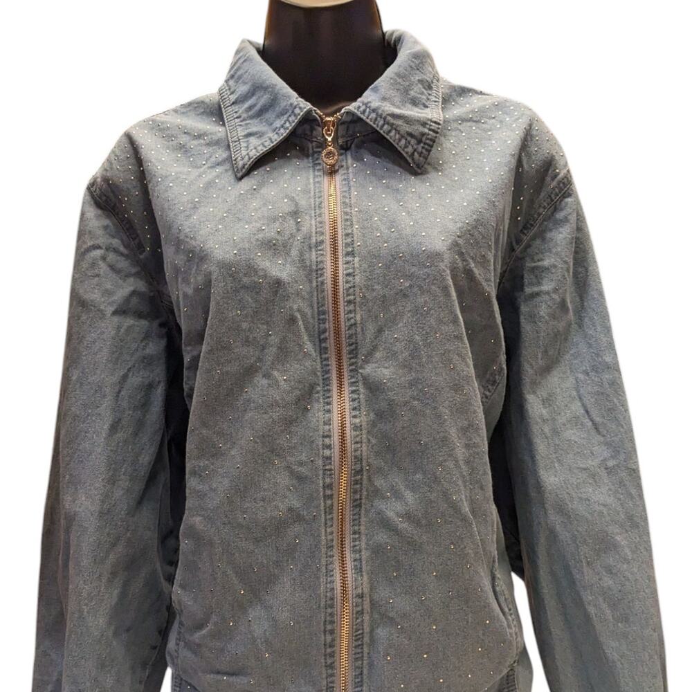 Cathy Daniels Denim Jacket Womens 1X Zip Front Blue Studded Cotton Spring